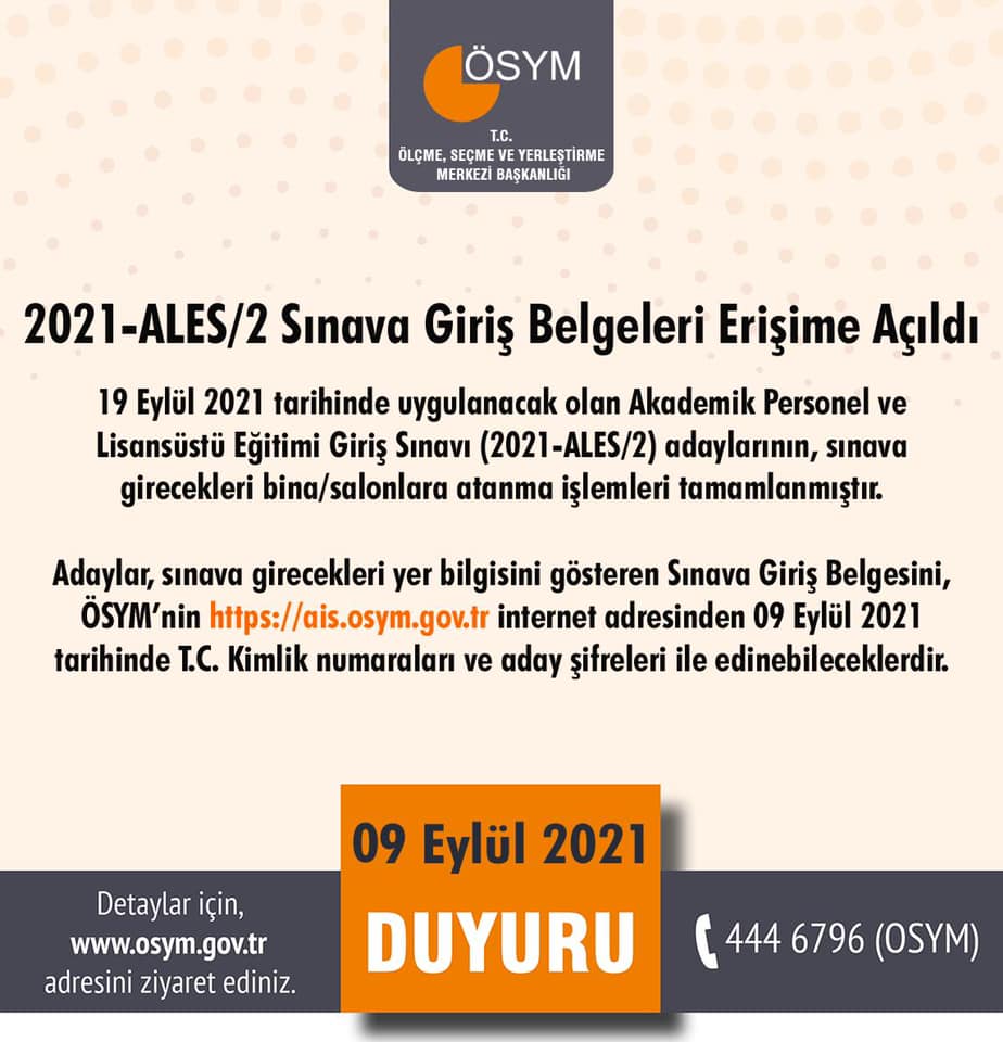 ALES /2 Sınava Giriş Belgeleri erişime açıldı