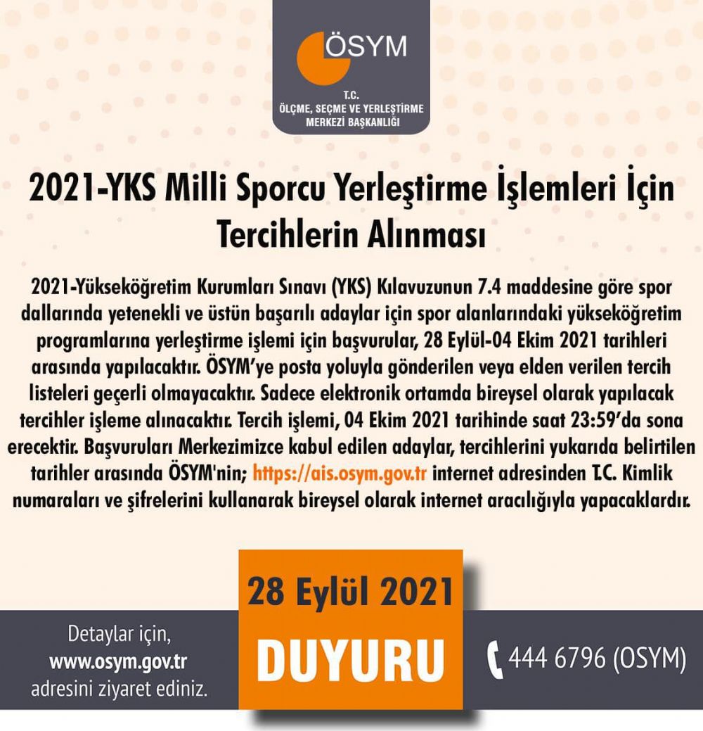 2021 YKS Milli Sporcu Yerleştirmeleri için tercihler başladı