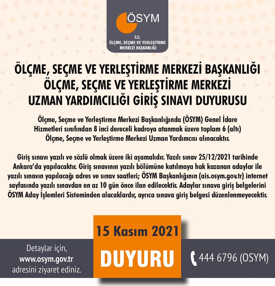 ÖSYM Uzman Yardımcılığı Giriş Sınavı Duyurusu