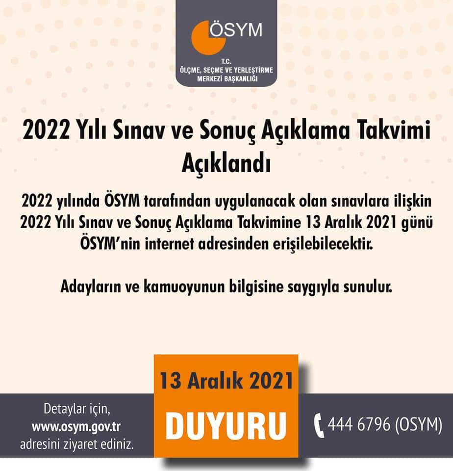 2022 Yılı Sınav ve Sonuç Açıklama Takvimi