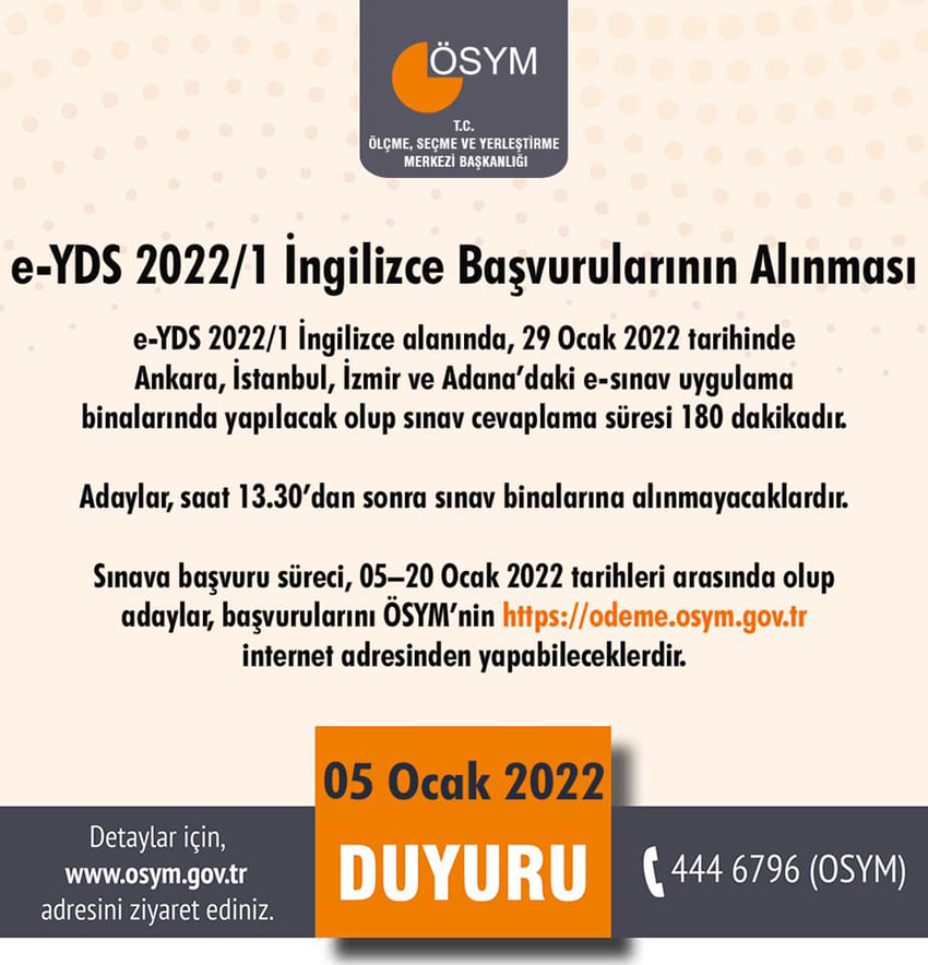 e-YDS 2022/1 İngilizce başvuruları başladı