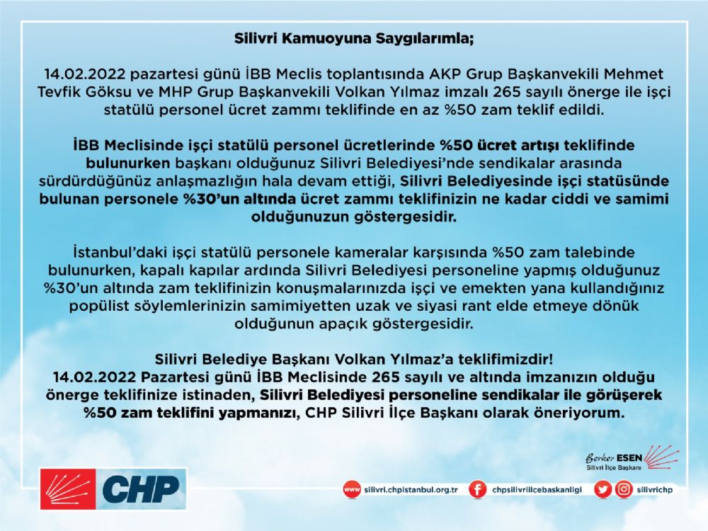 CHP’den Yılmaz’a zam çağrısı