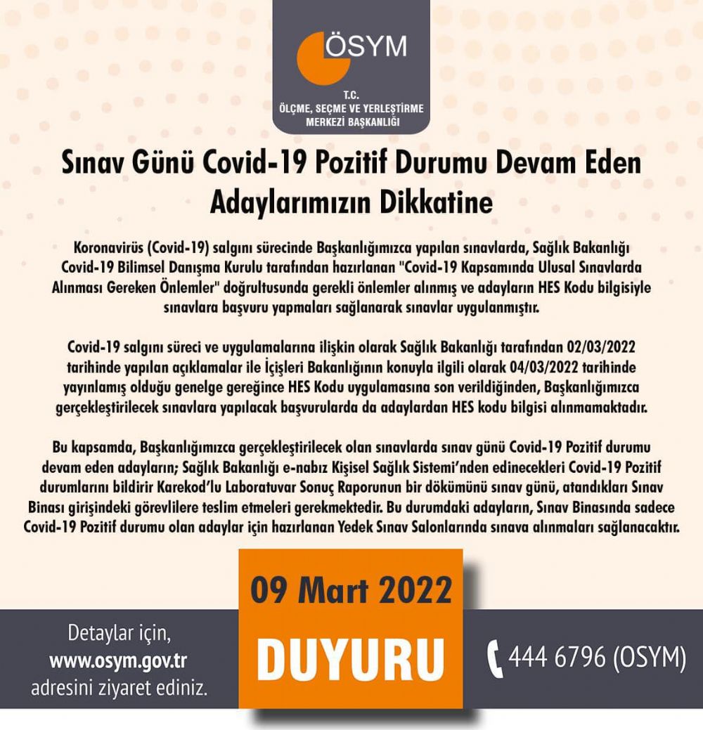 Sınav Günü Covid-19 Pozitif durumu devam eden adayların dikkatine