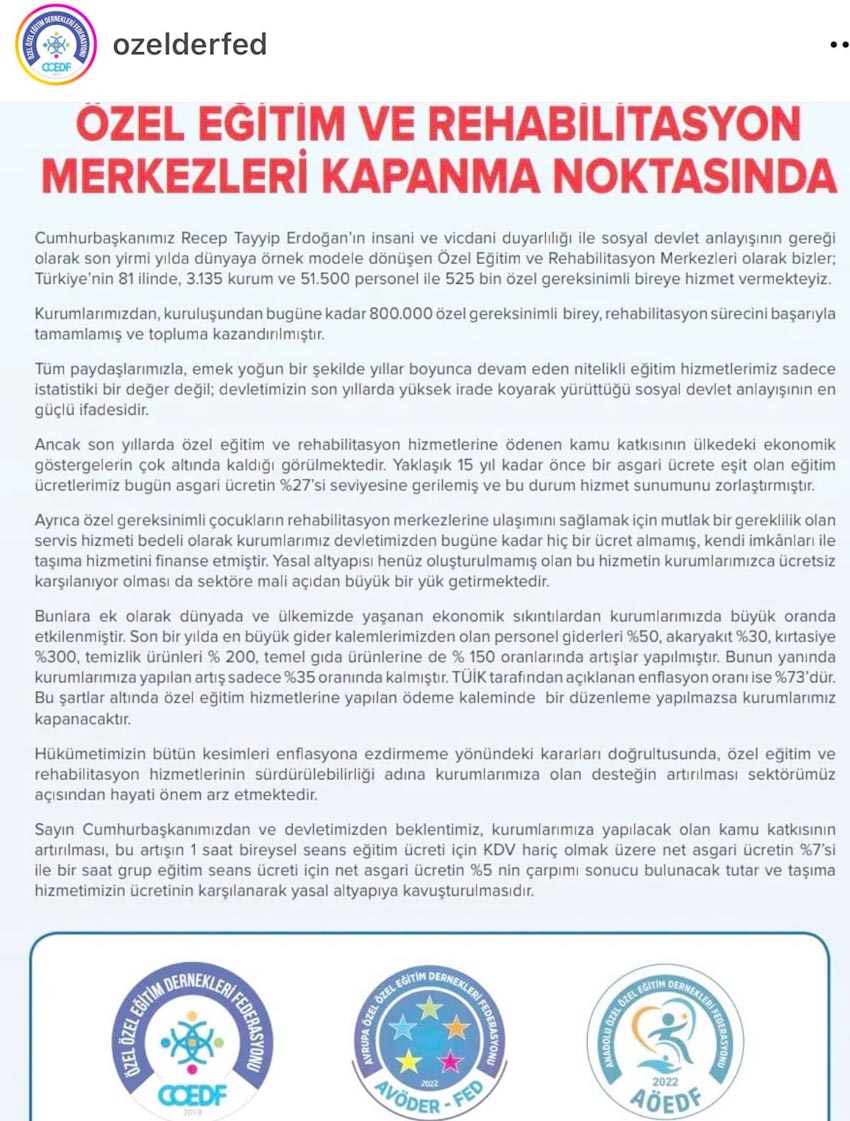 Özel Eğitim ve Rehabilitasyon Merkezleri kapanma noktasında