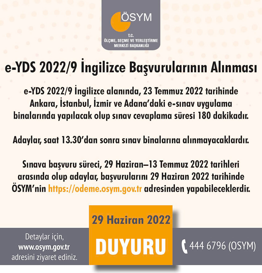 e-YDS 2022/9 İngilizce başvuruları başladı