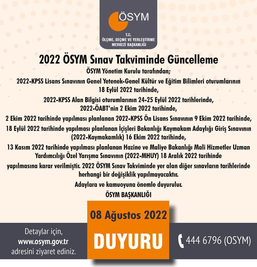 ÖSYM sınav takviminde güncelleme