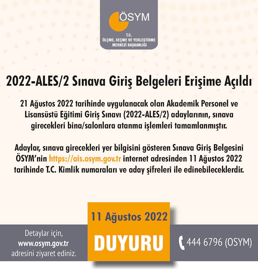2022-ALES/2 Sınava Giriş Belgeleri erişime açıldı