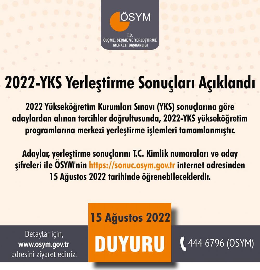 2022 YKS Yerleştirme sonuçları açıklandı