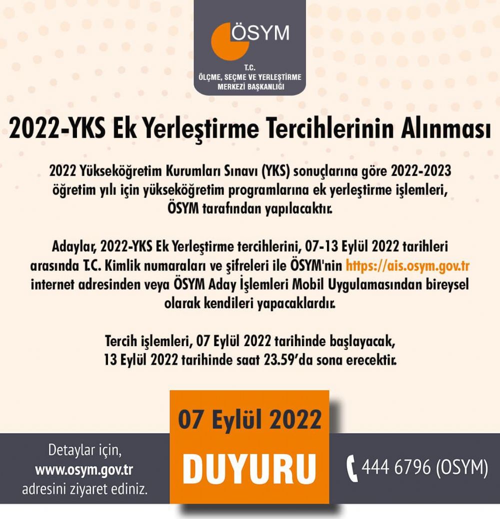 2022-YKS Ek Yerleştirme Tercihleri