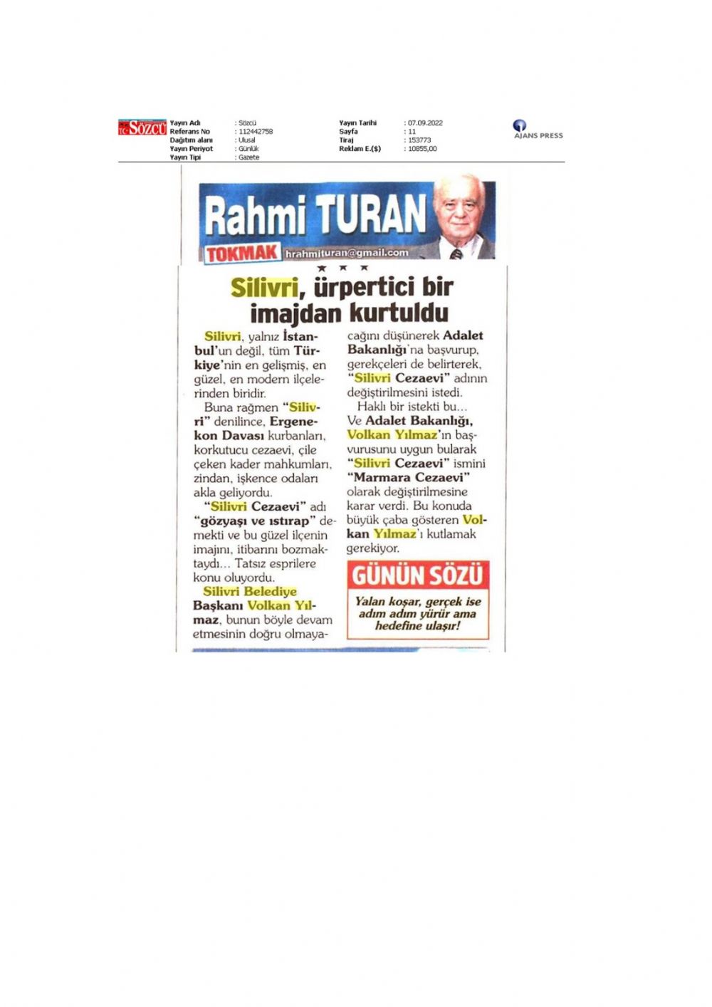 Turan: Volkan Yılmaz'ı kutlamak gerekiyor