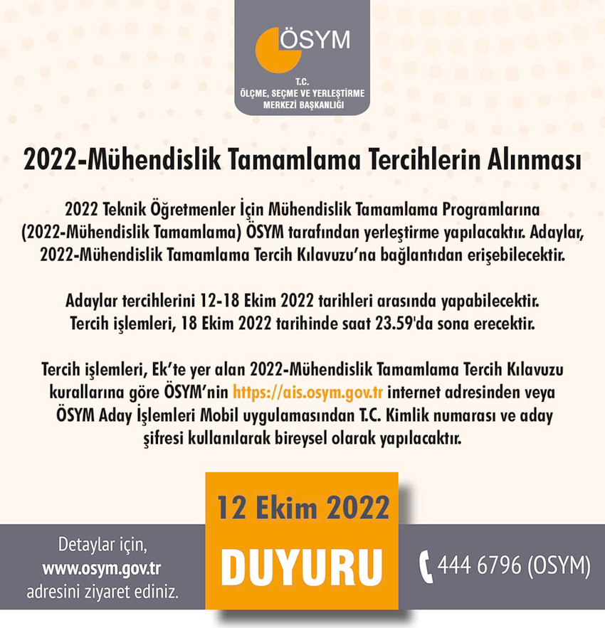Mühendislik Tamamlama tercihleri alınıyor