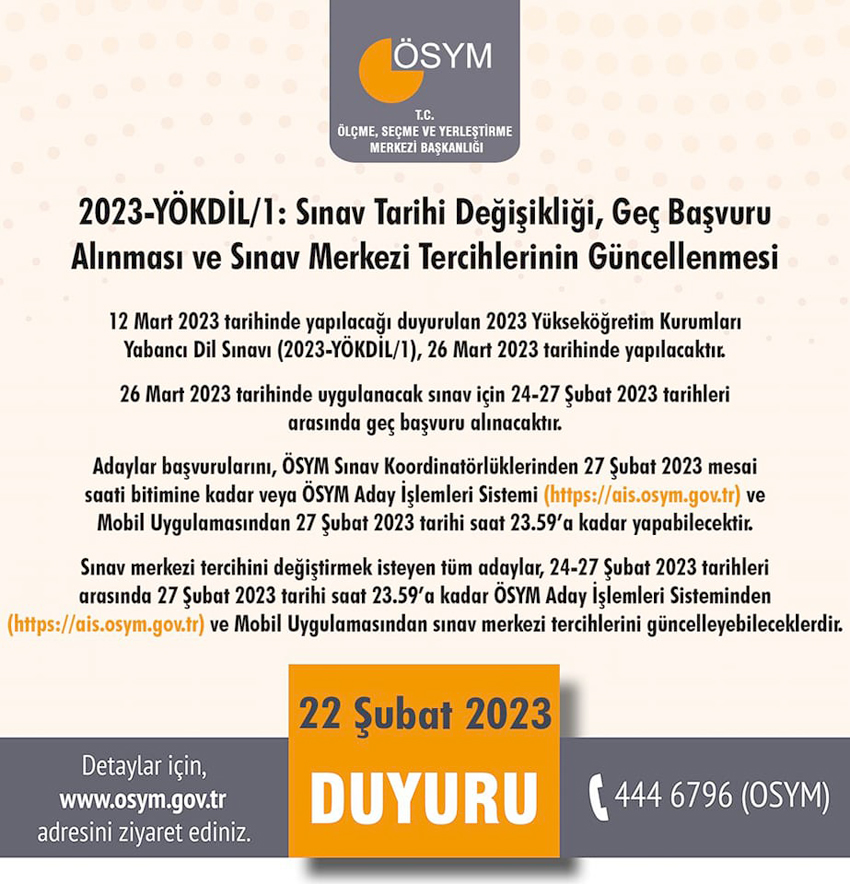 YÖKDİL Sınavı 26 Mart’a ertelendi