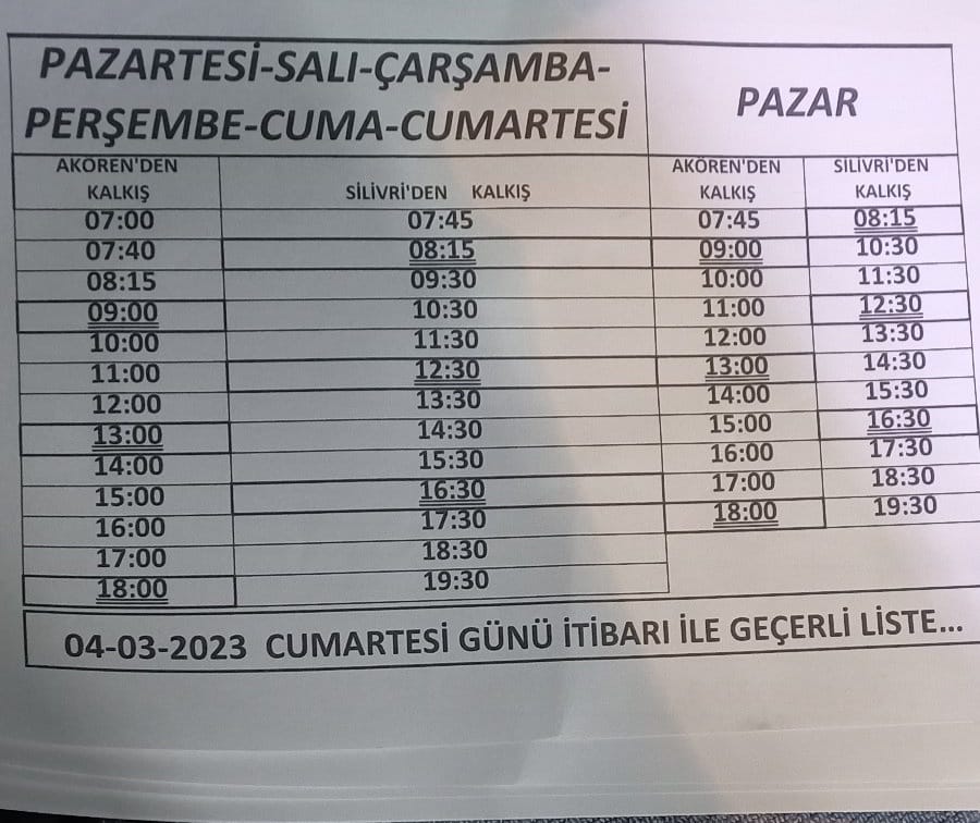 Akören-Silivri minibüs hattında saat güncellemesi