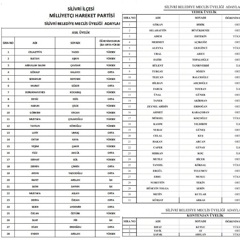 Cumhur İttifakının MHP meclis listesi